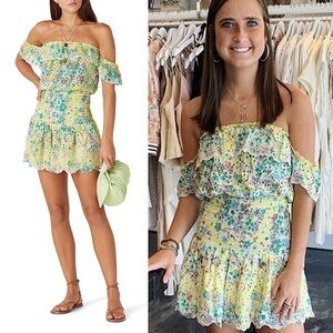 RAMY BROOK Floral Print Eyelet Ruffled Off Shoulder Smocked Waist Mini Dress XL